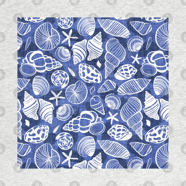 Sea treasures // pattern // electric blue faux texture background catalina blue shadows white delineated seashells by SelmaCardoso